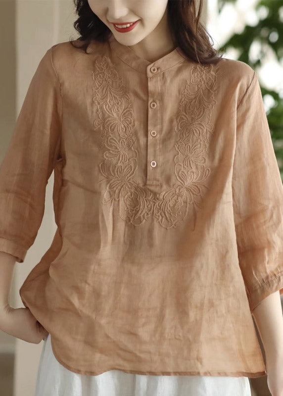 Orange Stand Collar Embroideried Shirt Long Sleeve