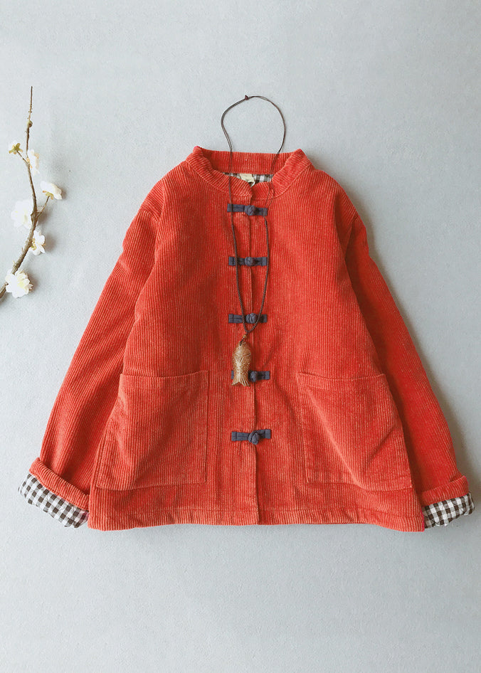 Orange Stand Collar Thick Corduroy Parkas Winte