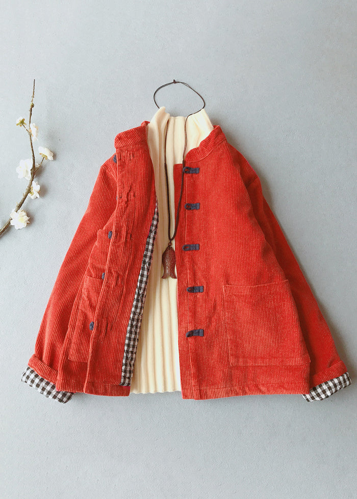 Orange Stand Collar Thick Corduroy Parkas Winte
