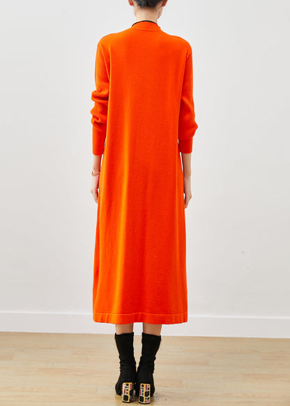 Orange Stand Collar Wrinkled Knit Dress Winter