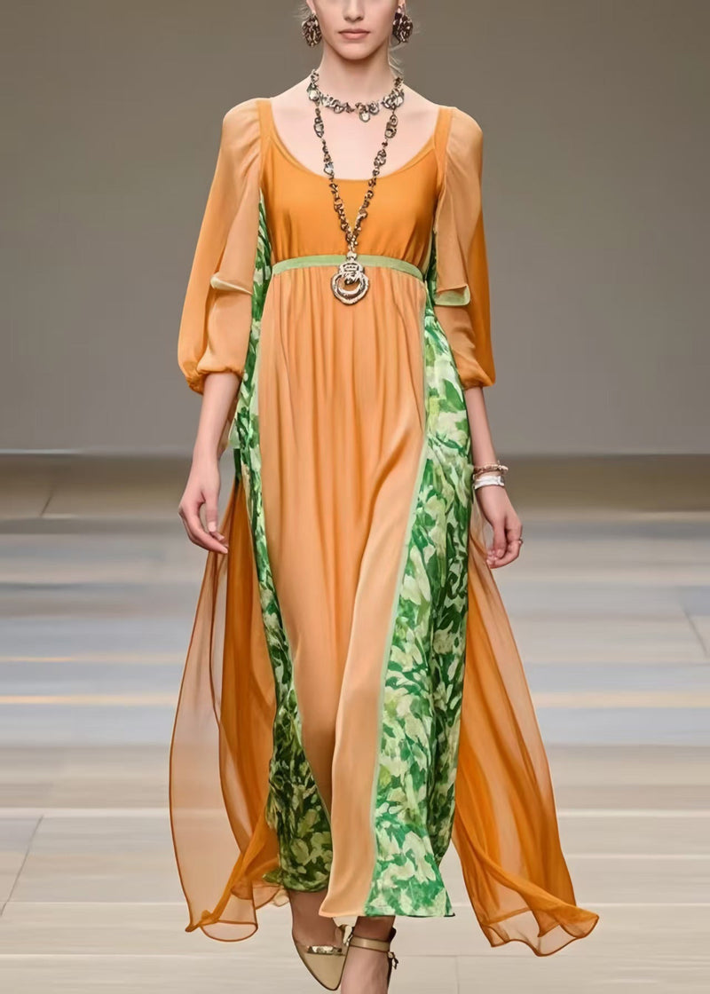 Orange U Neck Patchwork Chiffon Robe Dresses Bracelet Sleeve