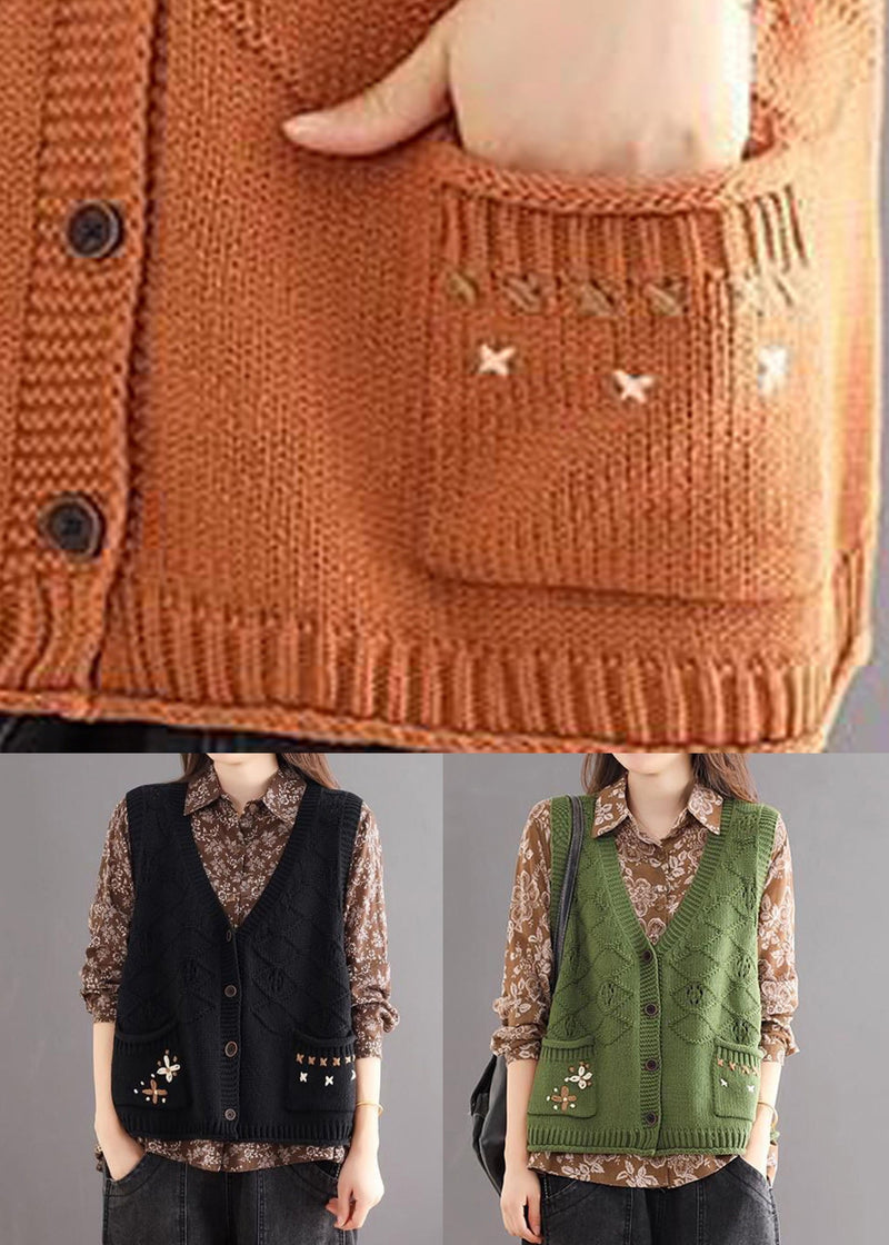 Orange V Neck Button Pockets Cotton Knit Waistcoat Sleeveless