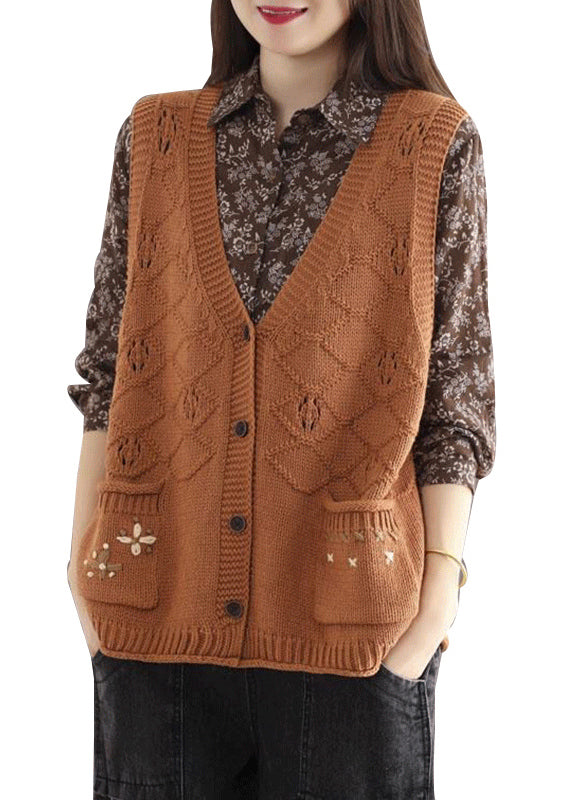 Orange V Neck Button Pockets Cotton Knit Waistcoat Sleeveless