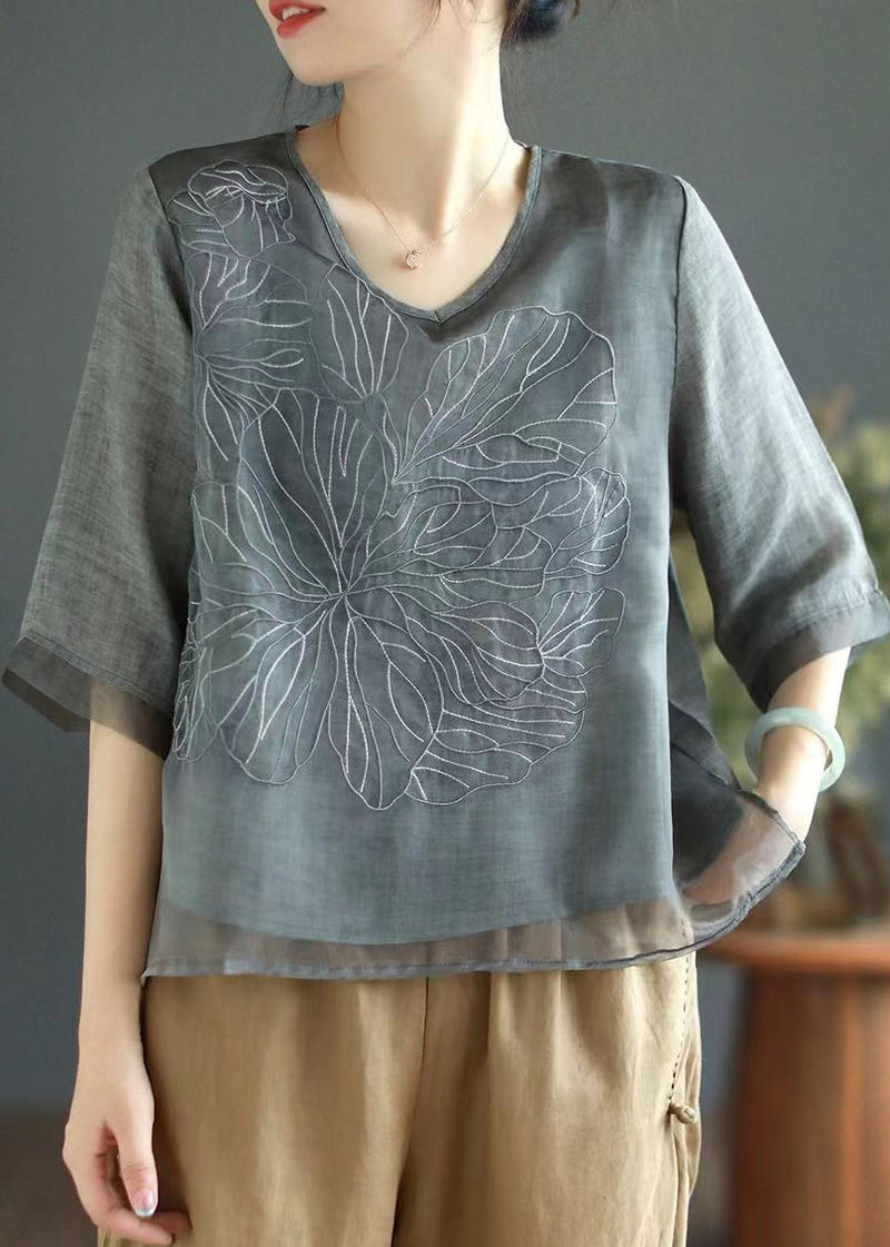Orange V Neck Embroidered Organza Patchwork Linen Tops Summer