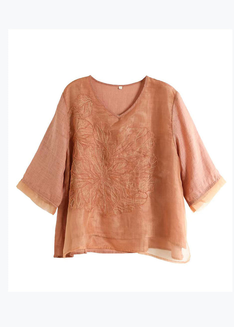 Orange V Neck Embroidered Organza Patchwork Linen Tops Summer