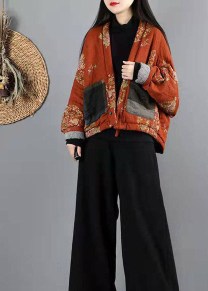 Orange V Neck Fine Cotton Filled Winter Outwear