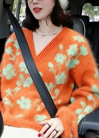 Orange V Neck Jacquard Knitted Short Sweater Winter