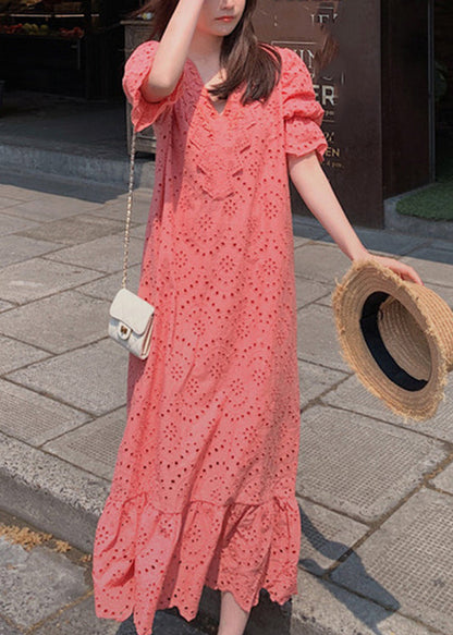 Orange V Neck Lace Patchwork Hollow Out Cotton Long Dresses Summer