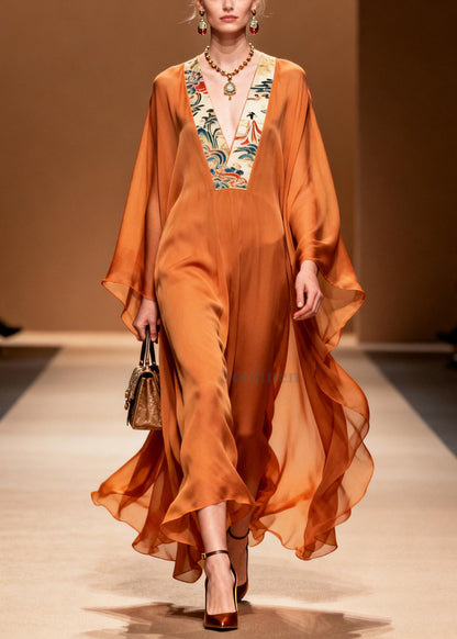 Orange V Neck Patchwork Chiffon Holiday Dresses Summer