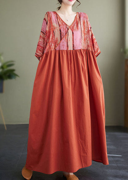 Orange V Neck Print Patchwork Cotton Loose Dresses Summer