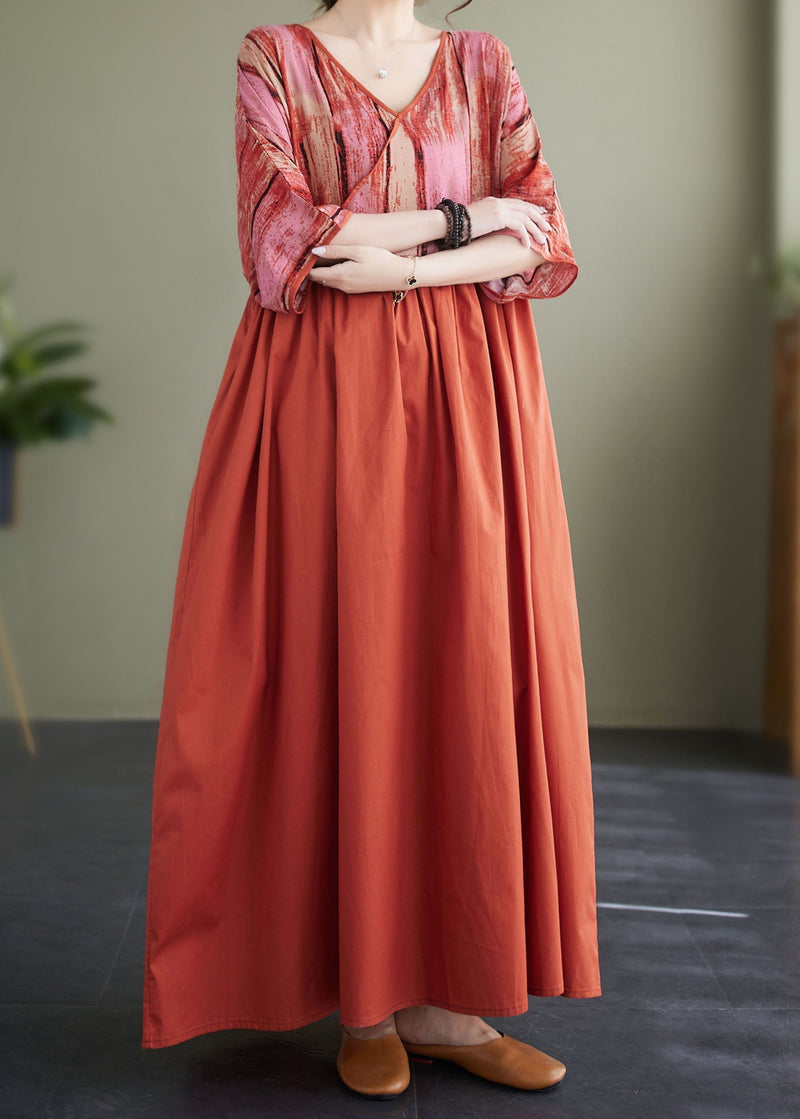 Orange V Neck Print Patchwork Cotton Loose Dresses Summer