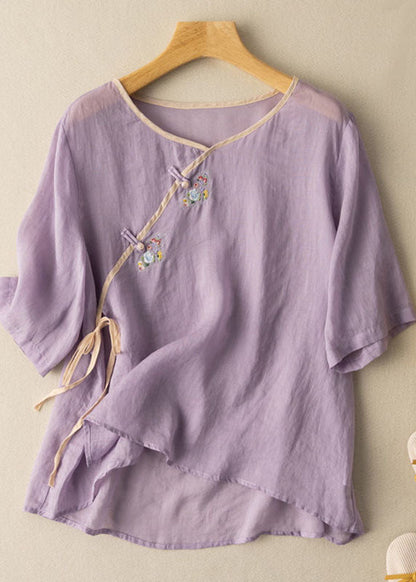 Orange V Neck Tie Waist Embroideried Linen Shirt Top Spring