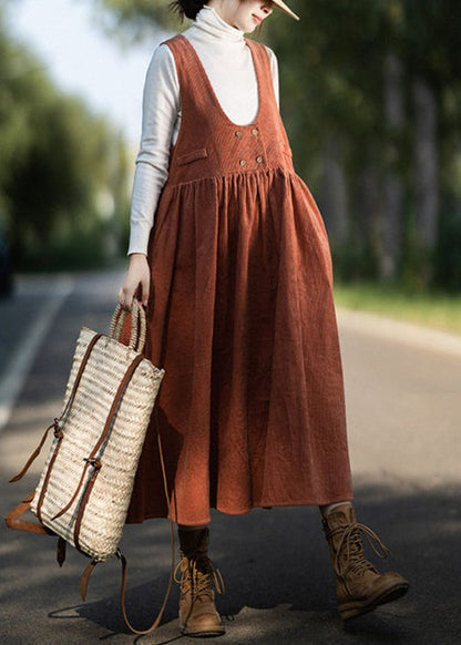 Orange Wrinkled Pockets Corduroy Vest Dresses Sleeveless