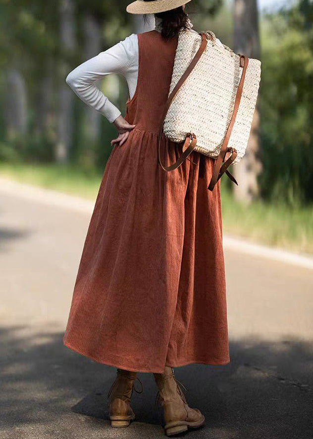 Orange Wrinkled Pockets Corduroy Vest Dresses Sleeveless