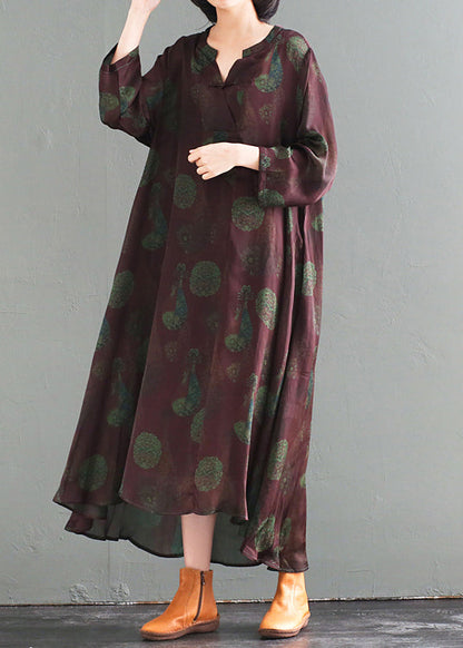 Oversized Chinese Button Print Silk Long Dress Fall