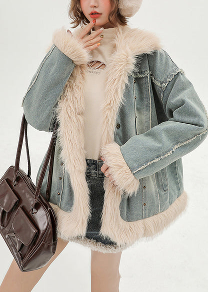 Oversized Patchwork Faux Fur Fine Cotton Filled Denim Coats Winter