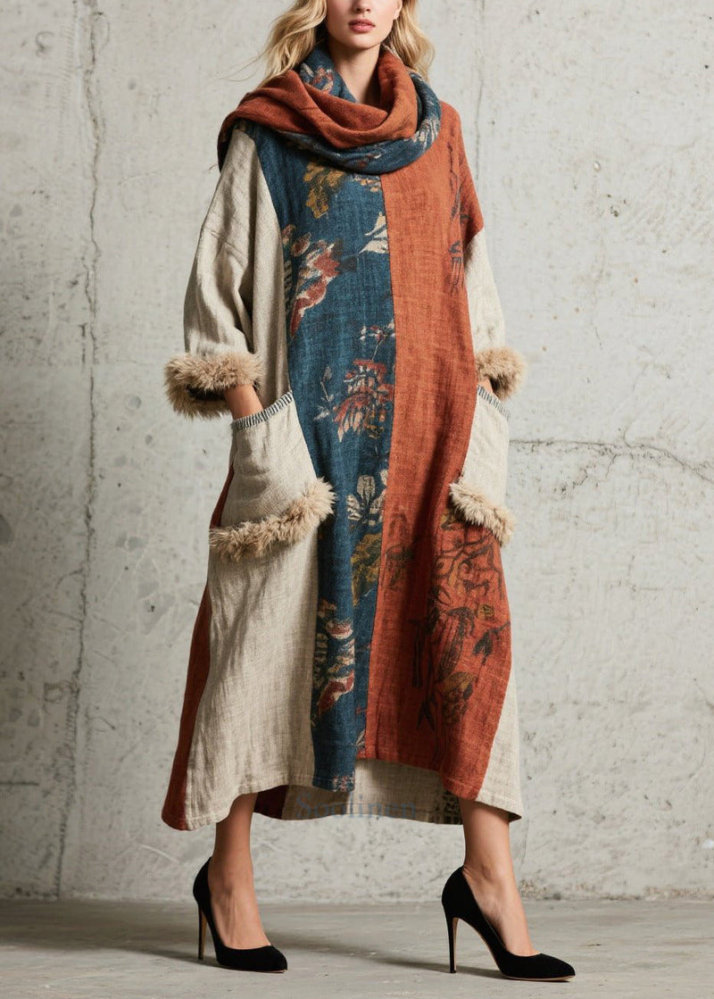 Oversized Patchwork Faux Fur With Pockets Ankle Dress Fall