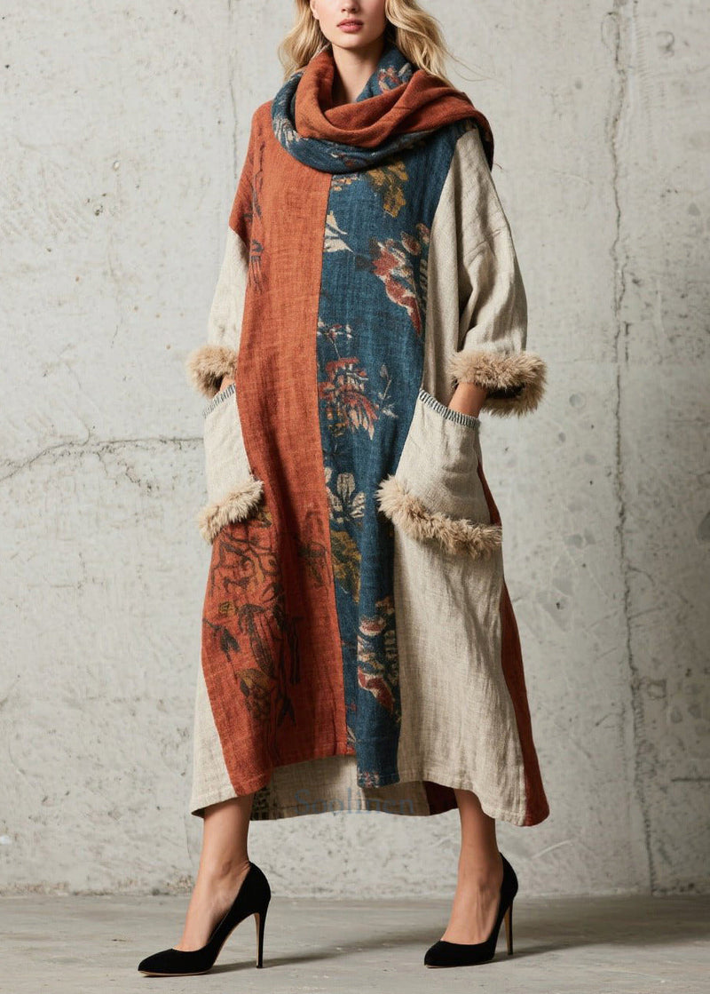 Oversized Patchwork Faux Fur With Pockets Ankle Dress Fall