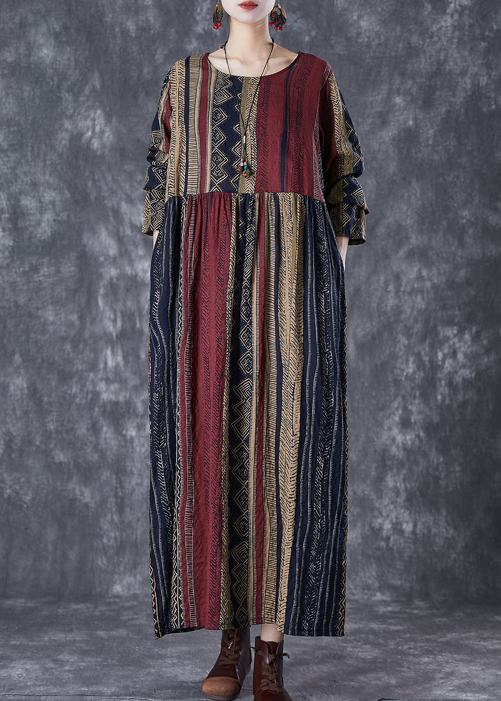 Oversized Print Linen Vacation Dress Fall