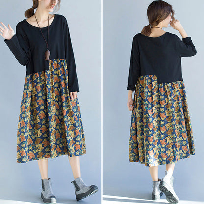 Patchwork Dress Lady Flower Print Dresses
