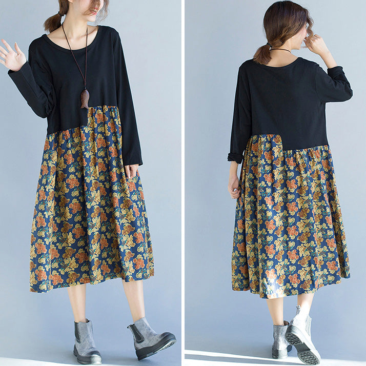 Patchwork Dress Lady Flower Print Dresses