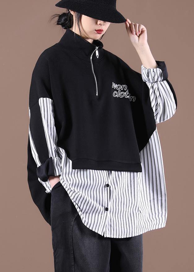 Women Patchwork Spring Organic Shirts Black Tops