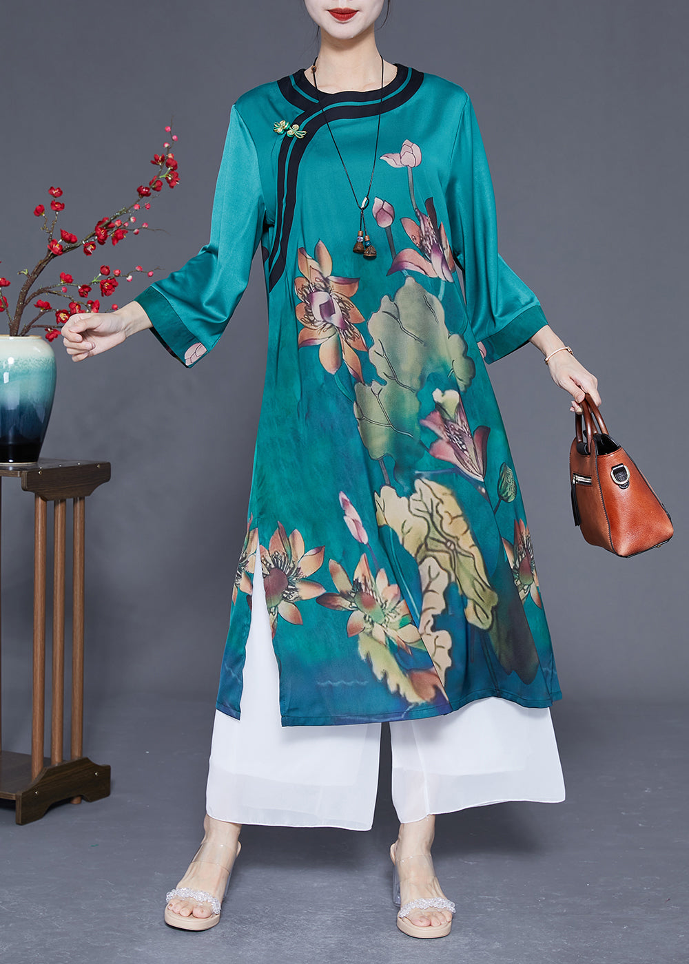 Peacock Blue Print Side Open Silk Holiday Dress Bracelet Sleeve