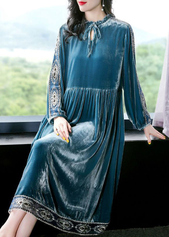 Peacock Blue Ruffled Embroideried Patchwork Silk Velour Dress Spring