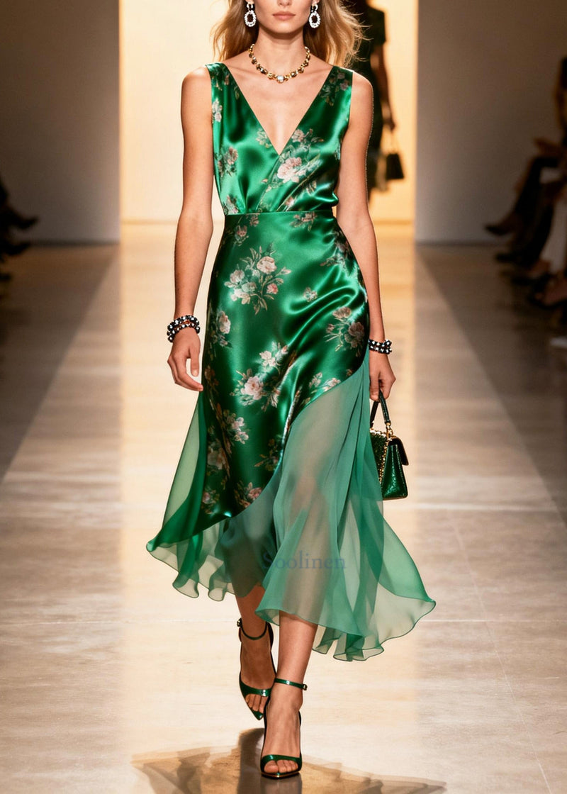 Peacock Green Print Patchwork Silk Cami Dresses Summer