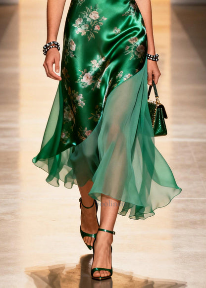 Peacock Green Print Patchwork Silk Cami Dresses Summer