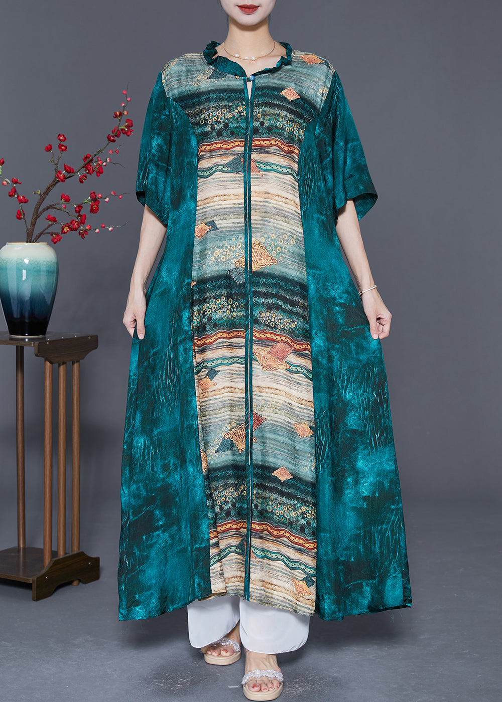 Peacock Green Ruffled Patchwork Print Silk Dresses Summer