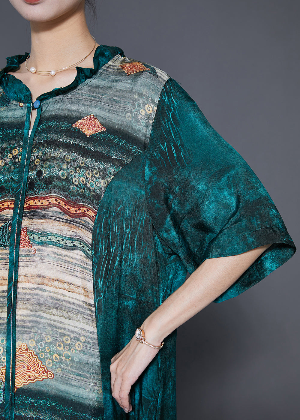 Peacock Green Ruffled Patchwork Print Silk Dresses Summer