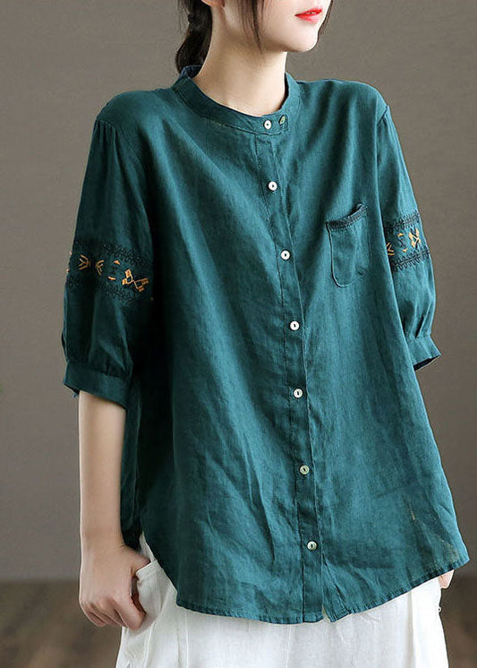 Peacock Blue Embroideried Patchwork Tops Half Sleeve
