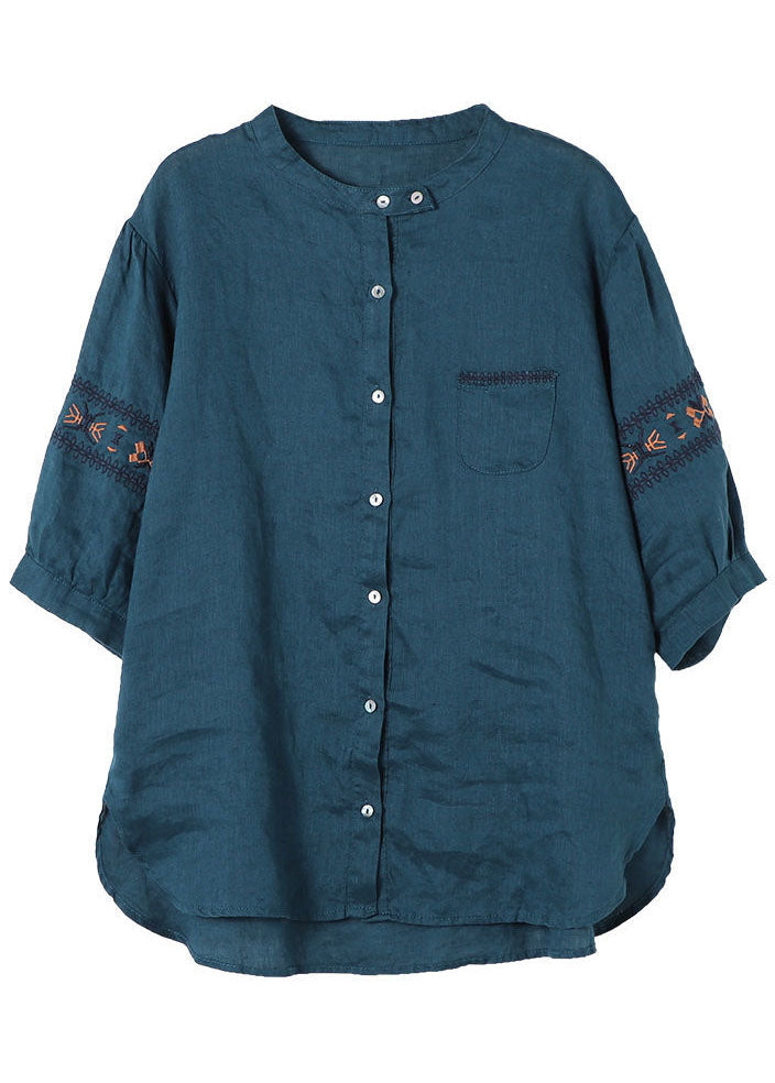 Peacock Blue Embroideried Patchwork Tops Half Sleeve