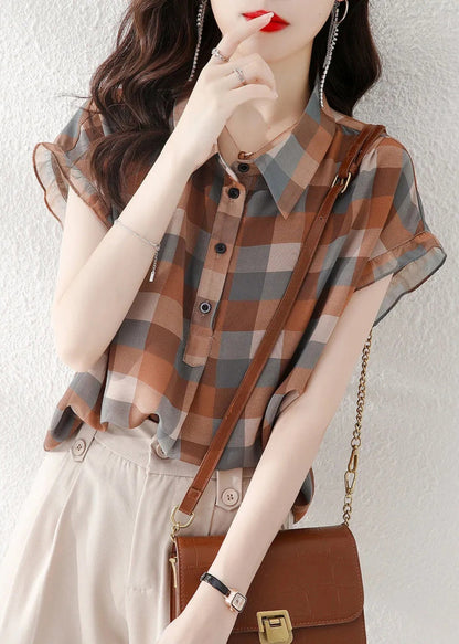 Peter Pan Collar Plaid Chiffon Shirts Short Sleeve