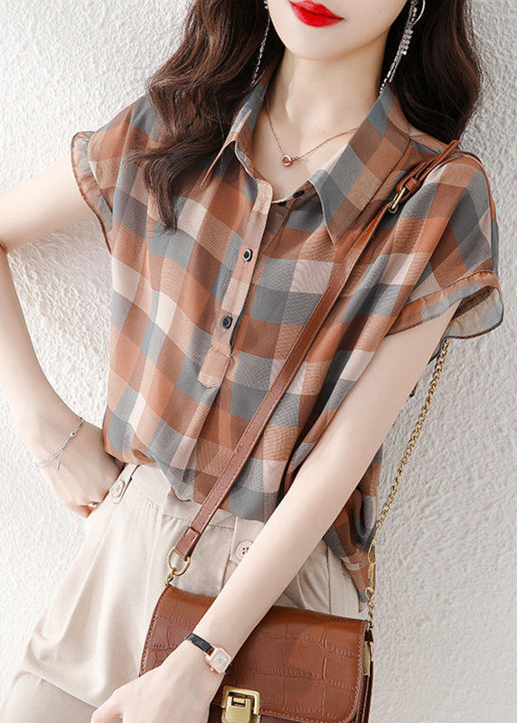 Peter Pan Collar Plaid Chiffon Shirts Short Sleeve