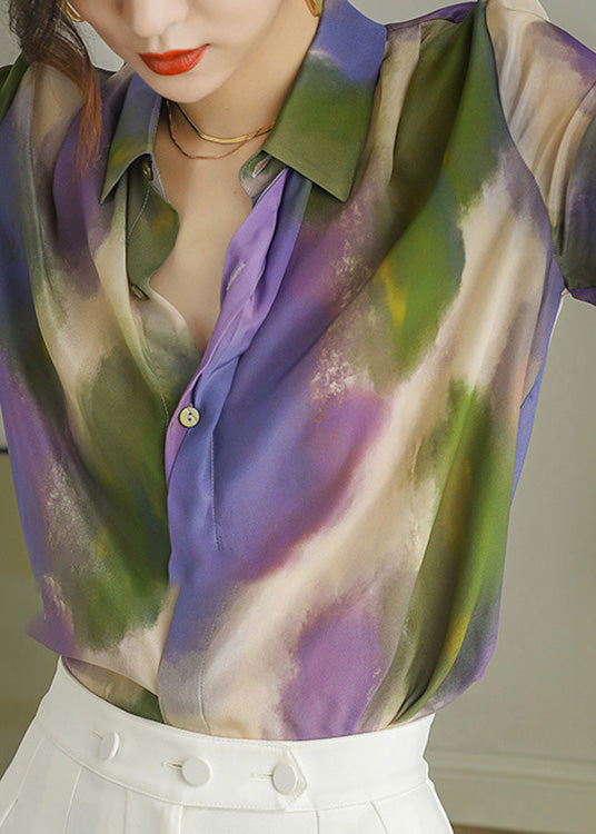 Peter Pan Collar Print Button Silk Shirt Long Sleeve