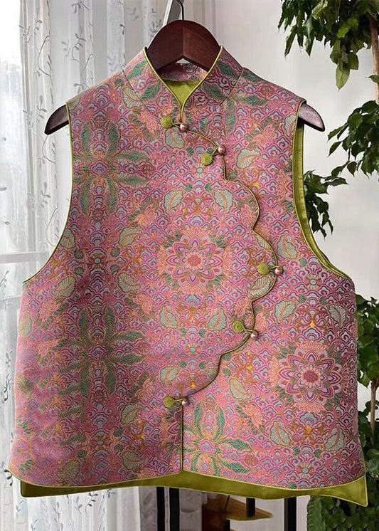 Pink Asymmetrical Button Print Cotton Waistcoat Sleeveless