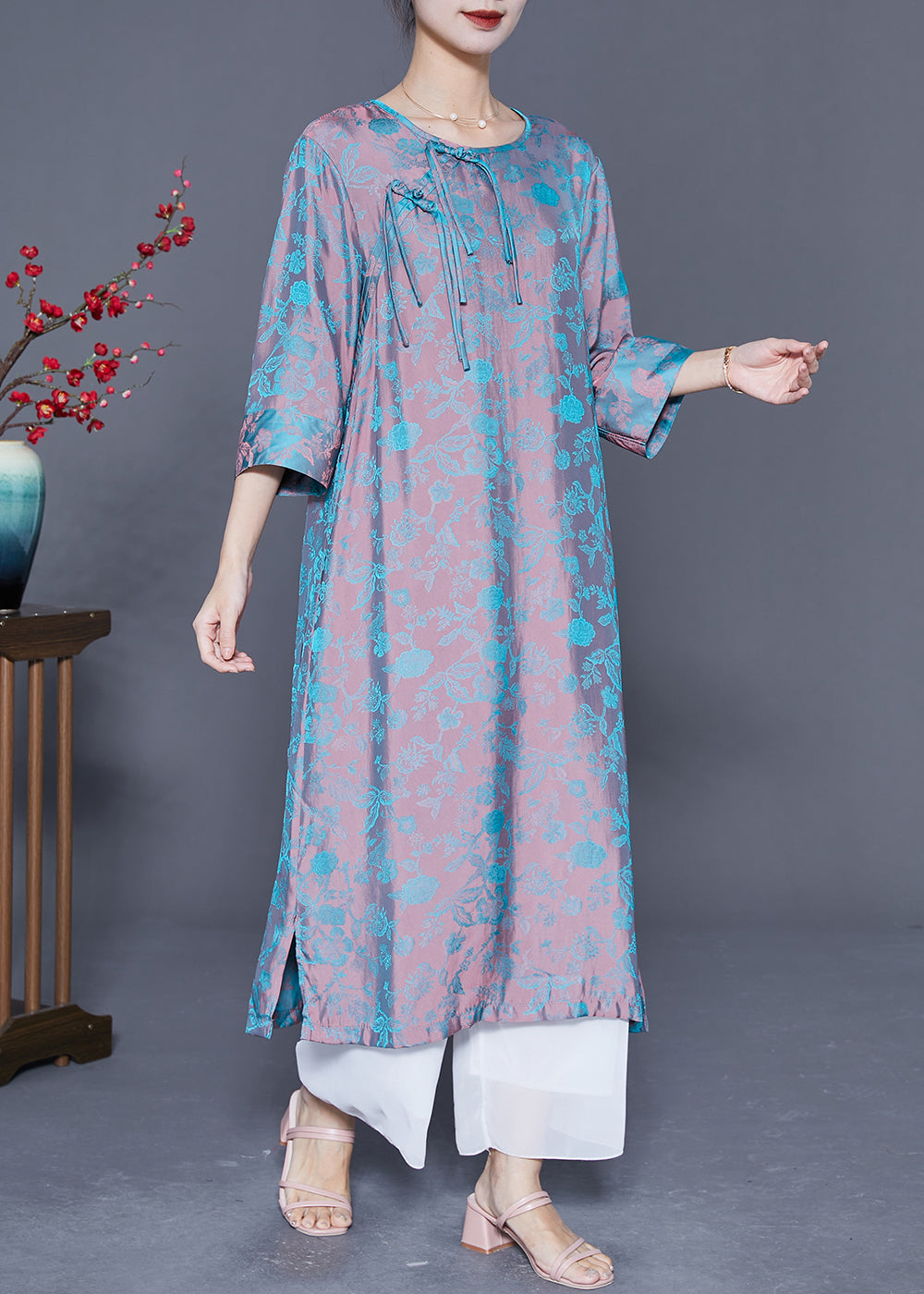 Pink Blue Jacquard Tassel Chinese Button Silk Vacation Dresses Bracelet Sleeve
