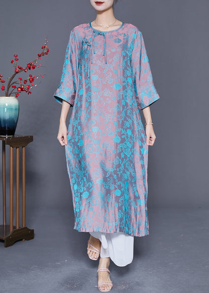 Pink Blue Jacquard Tassel Chinese Button Silk Vacation Dresses Bracelet Sleeve