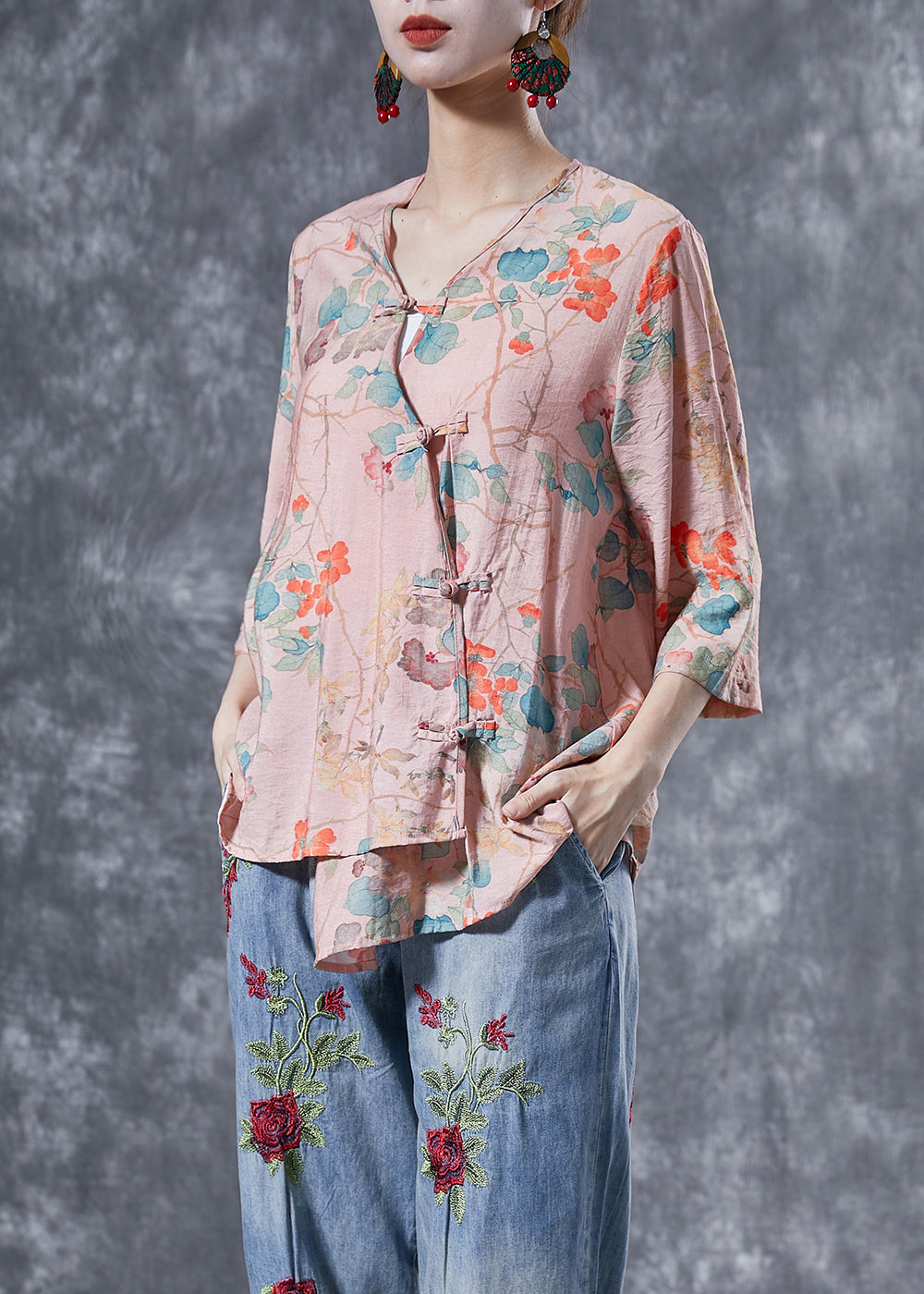 Pink Chinese Button Print Linen Shirts Bracelet Sleeve