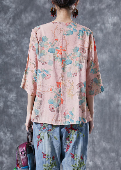 Pink Chinese Button Print Linen Shirts Bracelet Sleeve