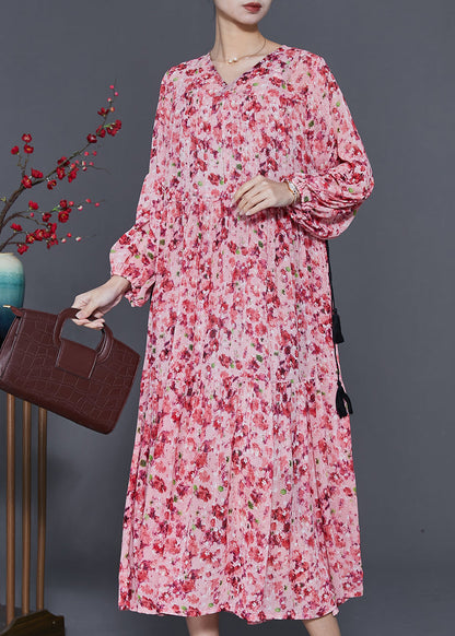 Pink Cinched Print Chiffon Holiday Dress Spring