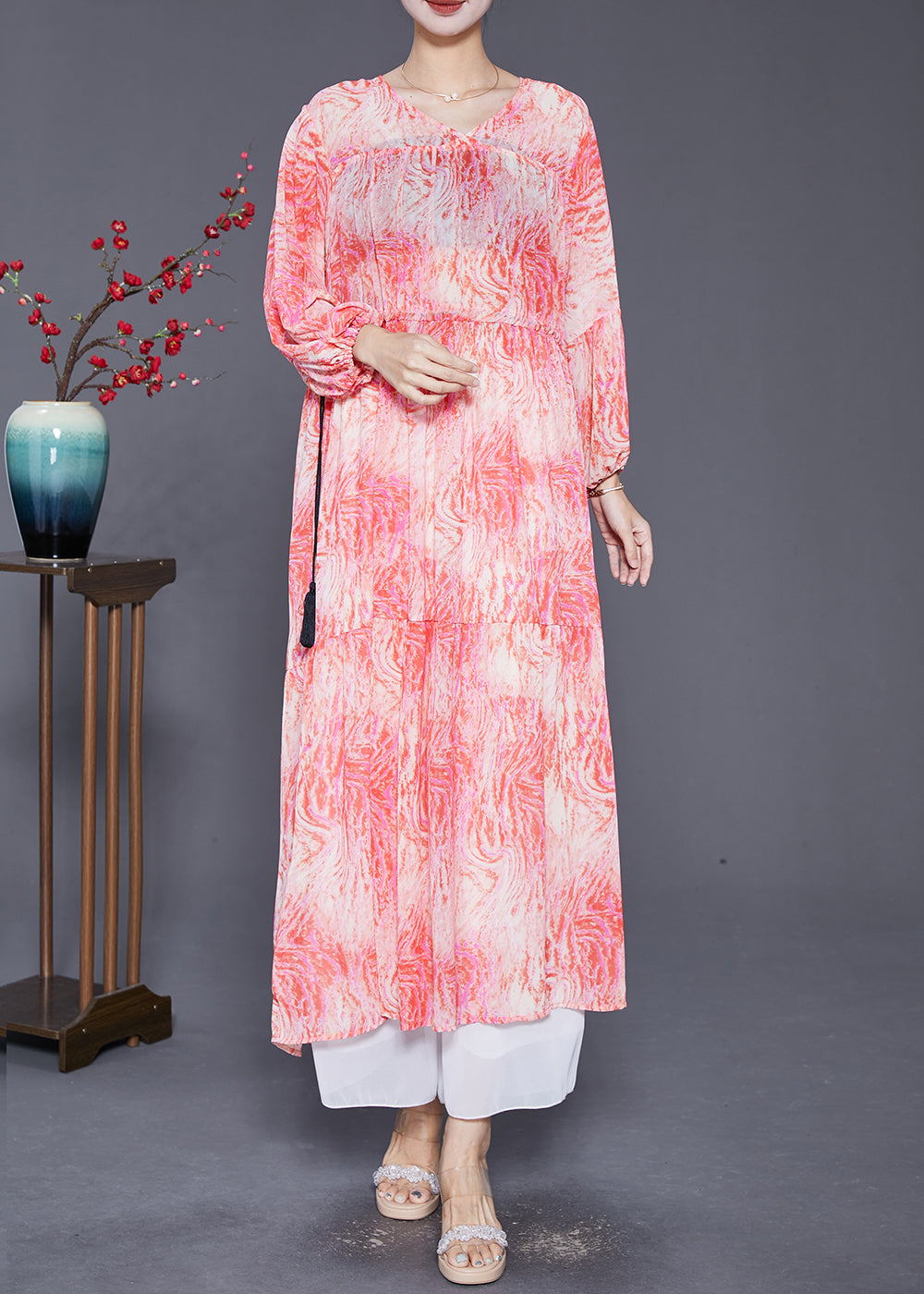 Pink Cinched Print Chiffon Vacation Dresses Fall