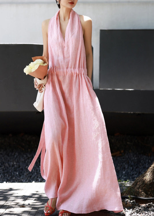 Pink Cold Shoulder Drawstring Linen Halter Dresses Summer