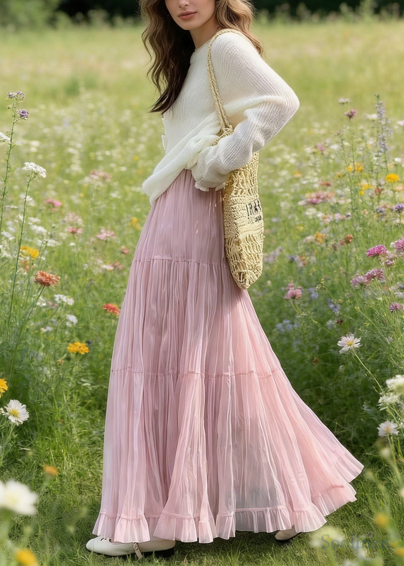 Pink Elastic Waist Exra Large Hem Tulle Skirts Spring