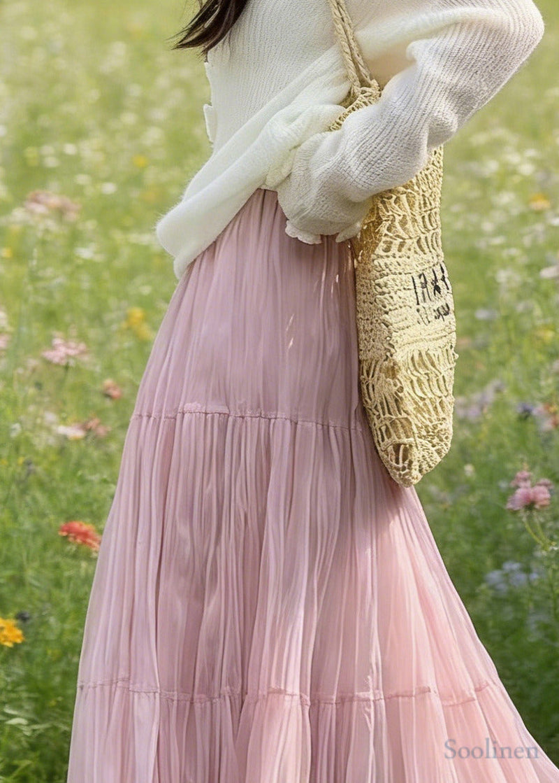 Pink Elastic Waist Exra Large Hem Tulle Skirts Spring