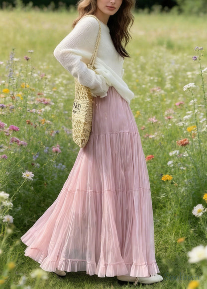 Pink Elastic Waist Exra Large Hem Tulle Skirts Spring
