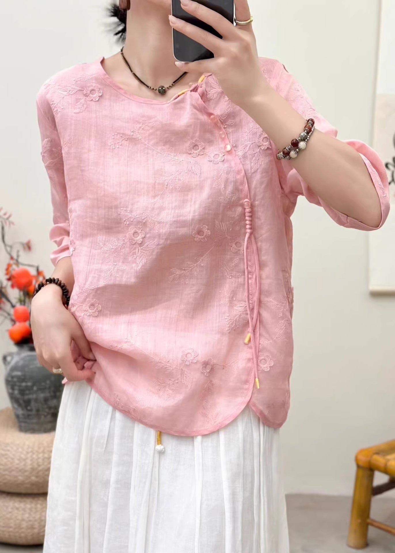Pink Embroidered Chinese Button Linen Tops Half Sleeve