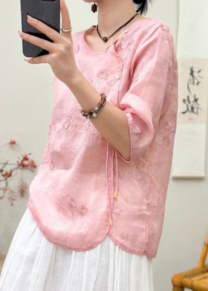 Pink Embroidered Chinese Button Linen Tops Half Sleeve